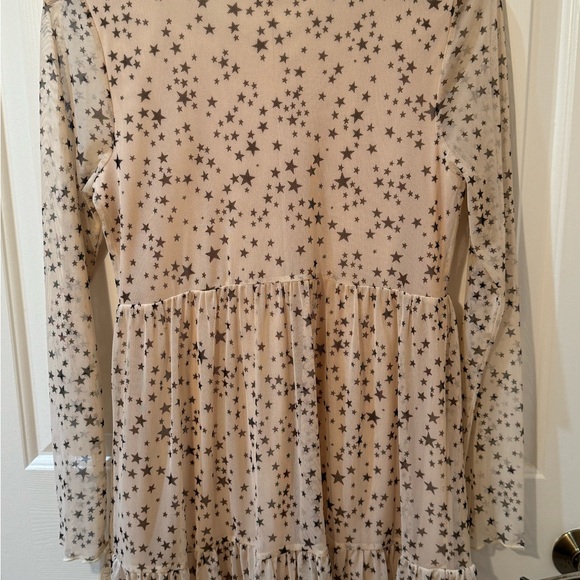 EUC- Altar’d State Pink Sheer Tiered Long Sleeve Mesh Dress with Black Stars - Picture 9 of 9